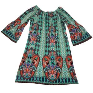 R Rouge Women XL Paisley Bell Sleeve Boho Mini Dress Teal Orange Retro 70s Style